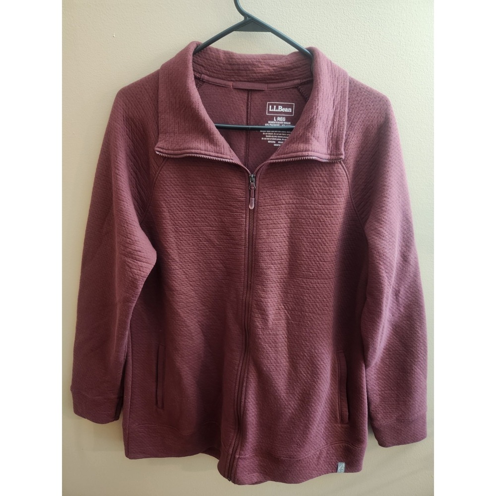 LL Bean Jacket Womens Cranberry Full Zip Textured Knit Thumbholes Pockets Size L